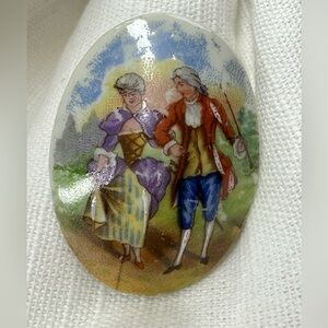 Vintage Limoges Porcelain Brooch with Romantic Scene